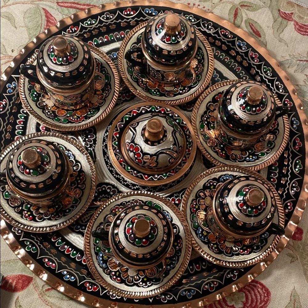 Handcrafted Copper Turkish Ceramic Coffee and Expresso Set with Tray